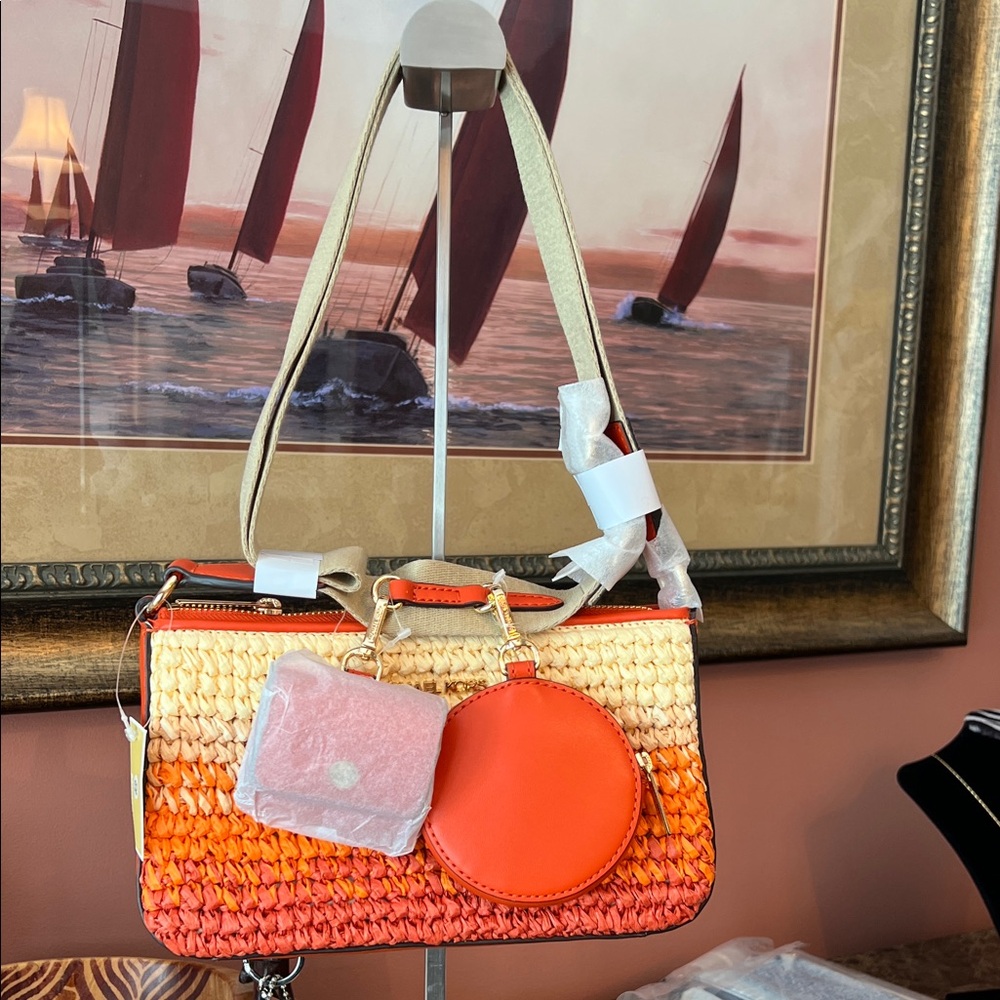 Michael Kors Orange Ombre Woven Shoulder Bag with Tan Straps